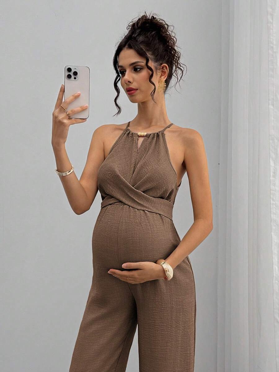 Maternity Jumpsuit With Wooden Bead Halter Neck, Tie Front Waist Bow Detail, Full Length Pants