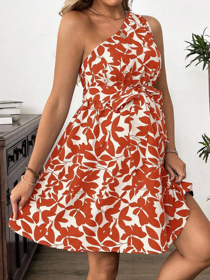 Maternity Floral Print Asymmetric Neck Knee Length Sleeveless Dress Boho A-Line Belted Dress for Office and Events