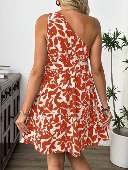 Maternity Floral Print Asymmetric Neck Knee Length Sleeveless Dress Boho A-Line Belted Dress for Office and Events