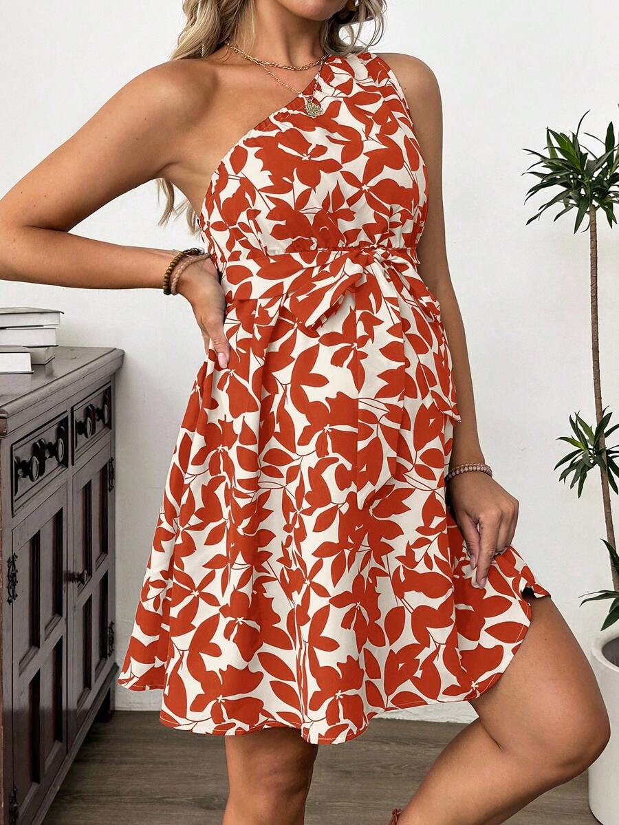 Maternity Floral Print Asymmetric Neck Knee Length Sleeveless Dress Boho A-Line Belted Dress for Office and Events