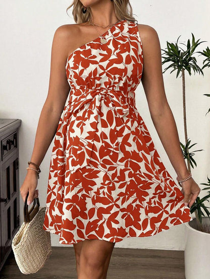 Maternity Floral Print Asymmetric Neck Knee Length Sleeveless Dress Boho A-Line Belted Dress for Office and Events