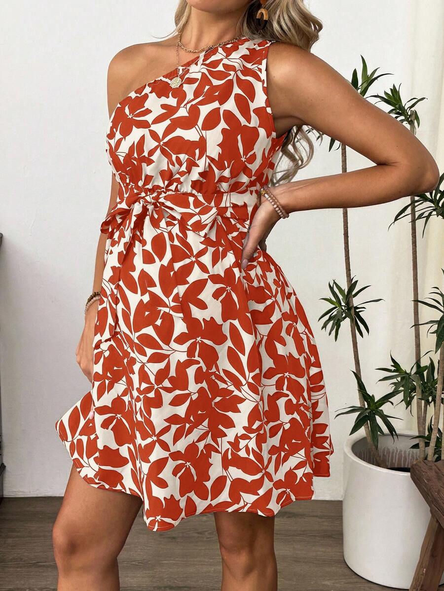 Maternity Floral Print Asymmetric Neck Knee Length Sleeveless Dress Boho A-Line Belted Dress for Office and Events