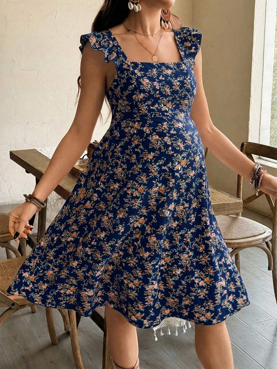 Maternity Casual All-Over Print Boho Summer Dress Square Neck High Waist A-Line Vacation Dress in Burgundy