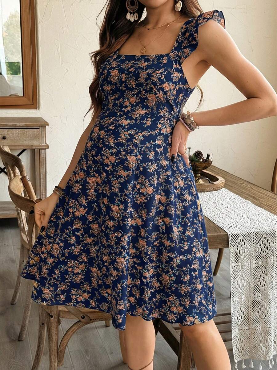 Maternity Casual All-Over Print Boho Summer Dress Square Neck High Waist A-Line Vacation Dress in Burgundy