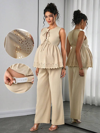 Maternity 2-Piece Set - Sleeveless Camisole & Long Pants, Cardigan Collar, Khaki