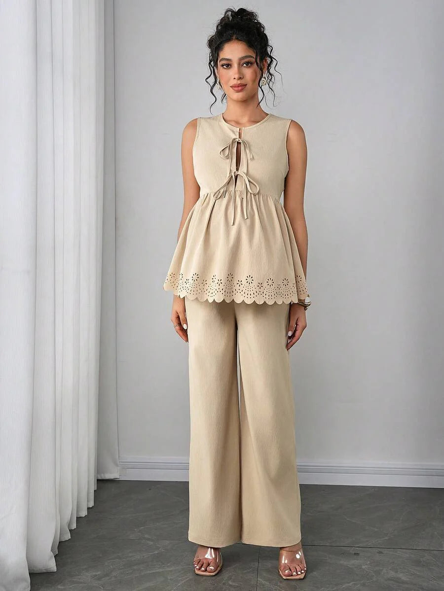 Maternity 2-Piece Set - Sleeveless Camisole & Long Pants, Cardigan Collar, Khaki