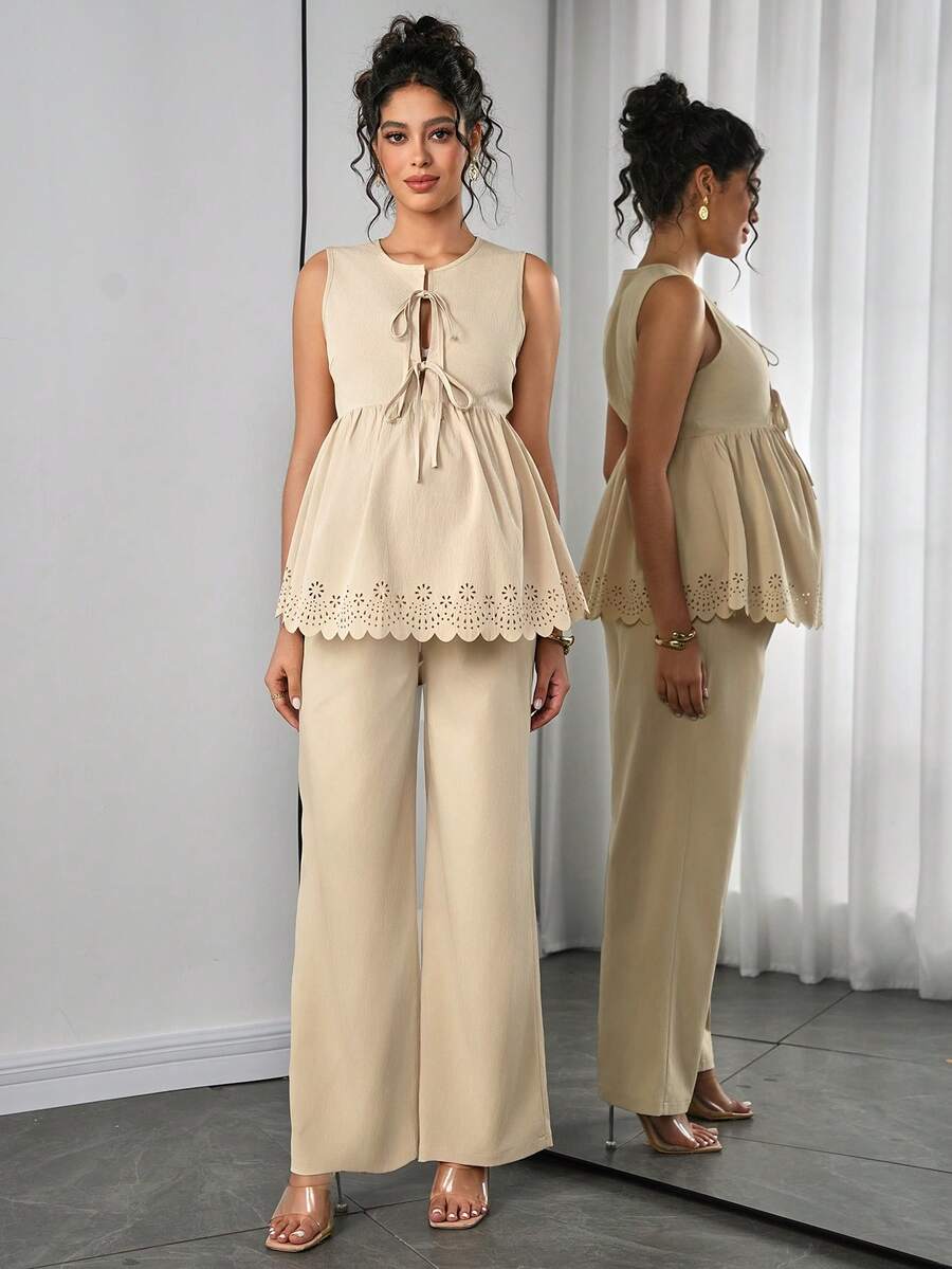 Maternity 2-Piece Set - Sleeveless Camisole & Long Pants, Cardigan Collar, Khaki