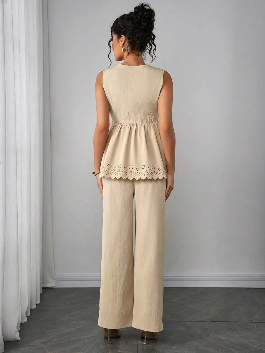 Maternity 2-Piece Set - Sleeveless Camisole & Long Pants, Cardigan Collar, Khaki