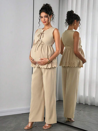 Maternity 2-Piece Set - Sleeveless Camisole & Long Pants, Cardigan Collar, Khaki