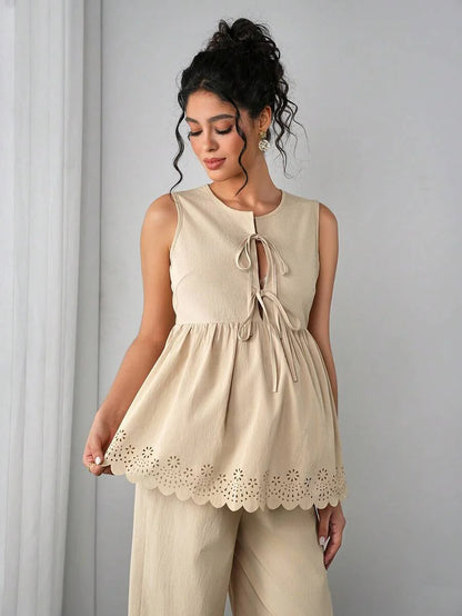 Maternity 2-Piece Set - Sleeveless Camisole & Long Pants, Cardigan Collar, Khaki