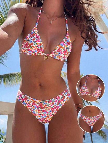 Swim Vcay 2026 Spring/Summer Women's Spaghetti Strap Halter Neck Black Base White Polka Dot Random Print Sweet Cute Side High Cut Bikini Swimwear 2-Piece Set Vacation Bikini Set Pink Bikini Set High Leg Bikini Set Modest Bikini Set Bikini Set