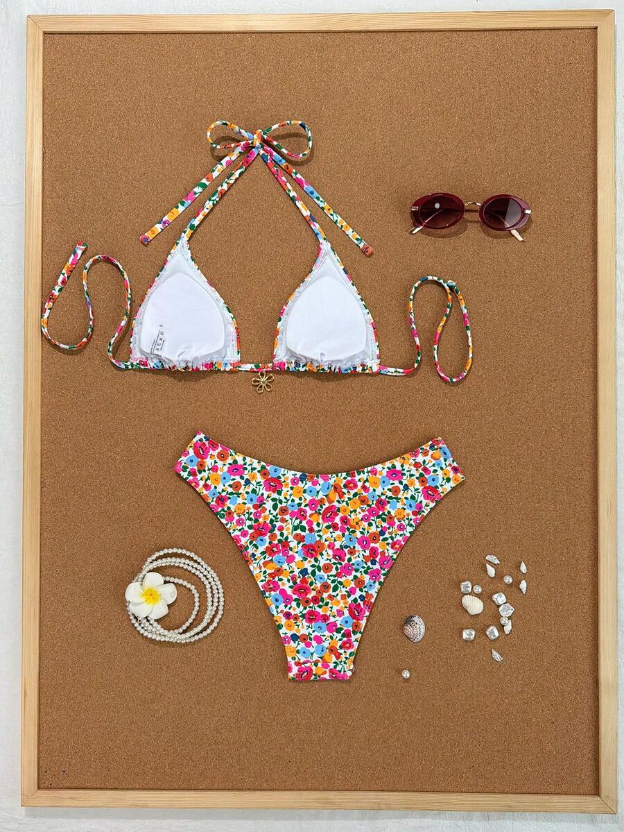 Swim Vcay 2026 Spring/Summer Women's Spaghetti Strap Halter Neck Black Base White Polka Dot Random Print Sweet Cute Side High Cut Bikini Swimwear 2-Piece Set Vacation Bikini Set Pink Bikini Set High Leg Bikini Set Modest Bikini Set Bikini Set