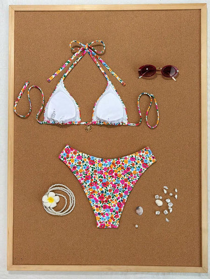 Swim Vcay 2026 Spring/Summer Women's Spaghetti Strap Halter Neck Black Base White Polka Dot Random Print Sweet Cute Side High Cut Bikini Swimwear 2-Piece Set Vacation Bikini Set Pink Bikini Set High Leg Bikini Set Modest Bikini Set Bikini Set