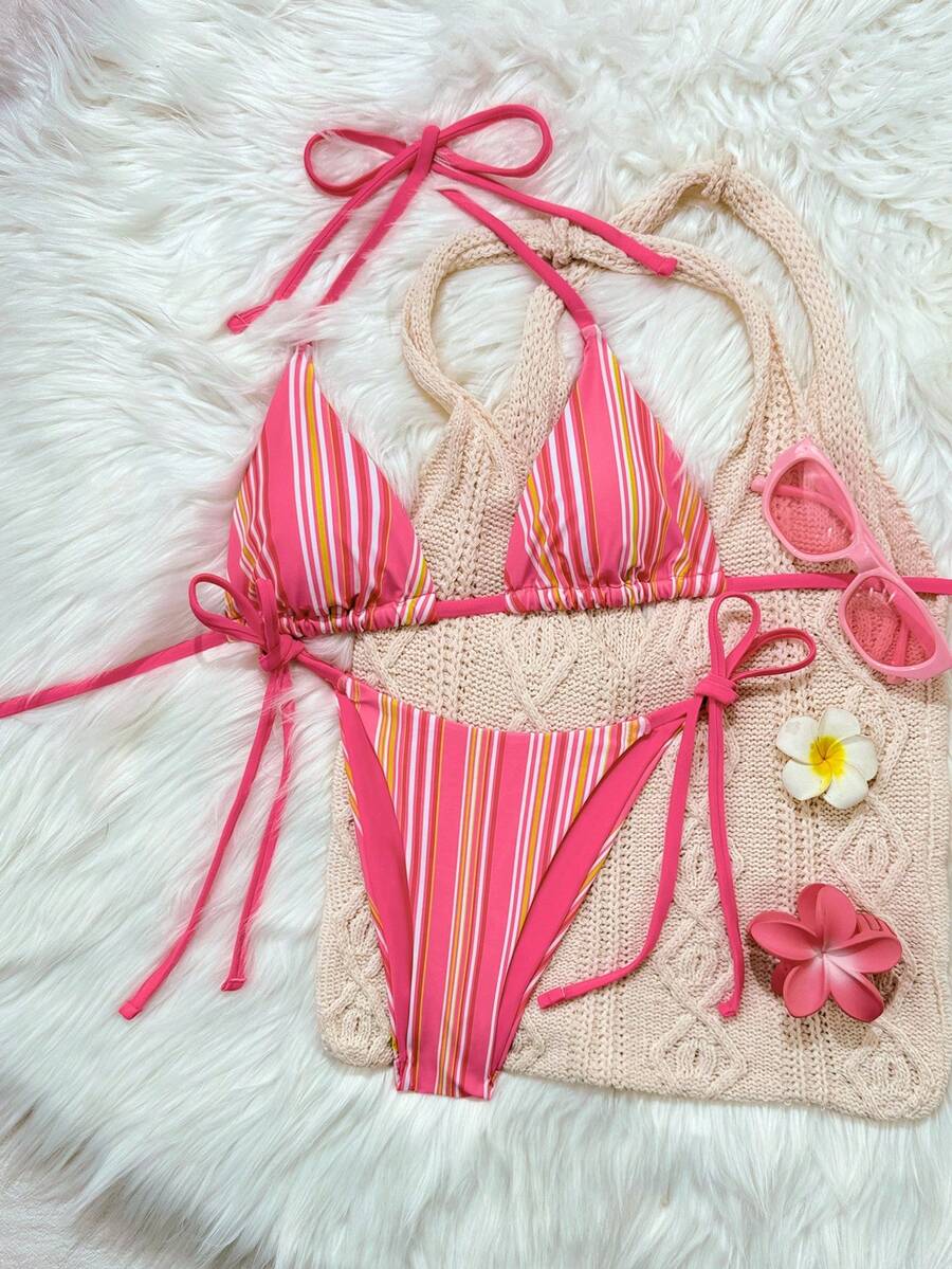 Women's 2-Piece Patchwork Bikini Set - Deep V Halter Tie, Triangle Cup, Multicolor
