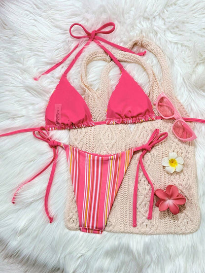 Women's 2-Piece Patchwork Bikini Set - Deep V Halter Tie, Triangle Cup, Multicolor