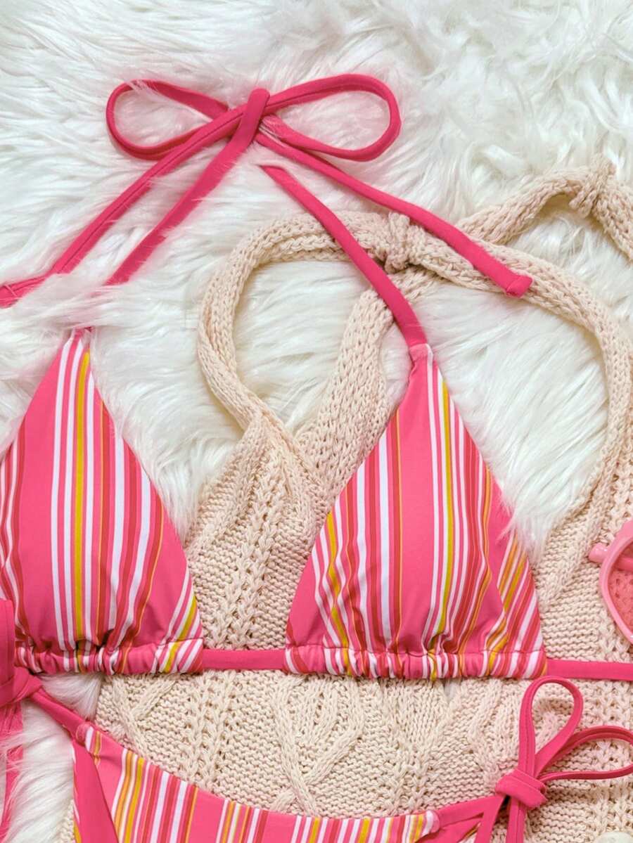 Women's 2-Piece Patchwork Bikini Set - Deep V Halter Tie, Triangle Cup, Multicolor