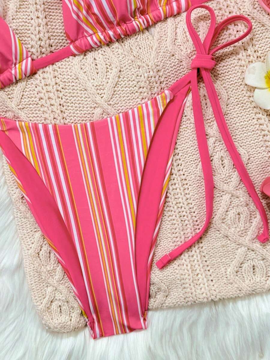 Women's 2-Piece Patchwork Bikini Set - Deep V Halter Tie, Triangle Cup, Multicolor