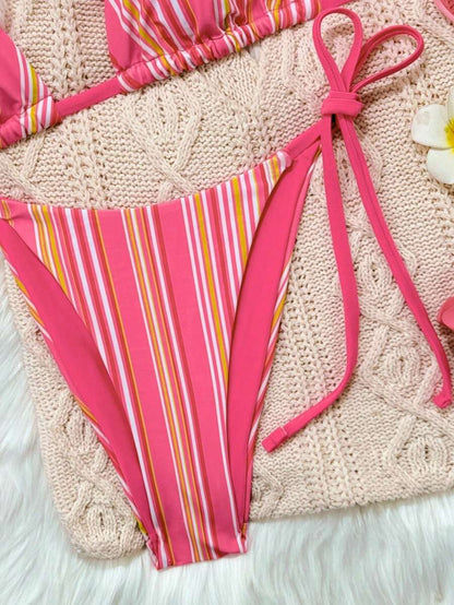 Women's 2-Piece Patchwork Bikini Set - Deep V Halter Tie, Triangle Cup, Multicolor