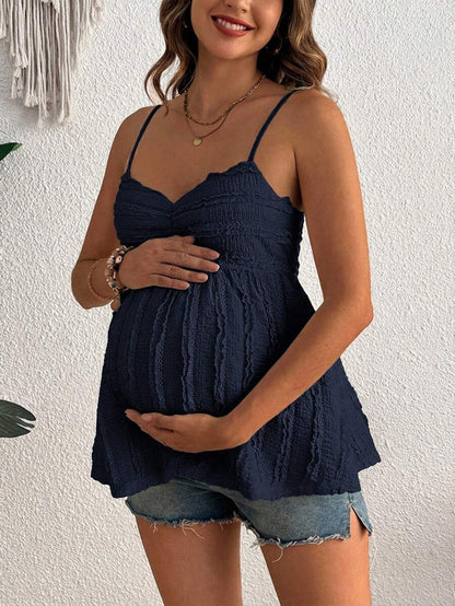 Pleated Lace Maternity Camisole - Apricot Slim Fit Ruched Spaghetti Strap Knitted Cami Top for Daily Wear