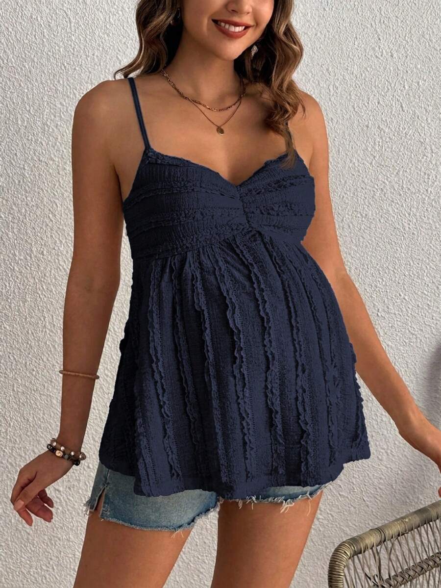 Pleated Lace Maternity Camisole - Apricot Slim Fit Ruched Spaghetti Strap Knitted Cami Top for Daily Wear