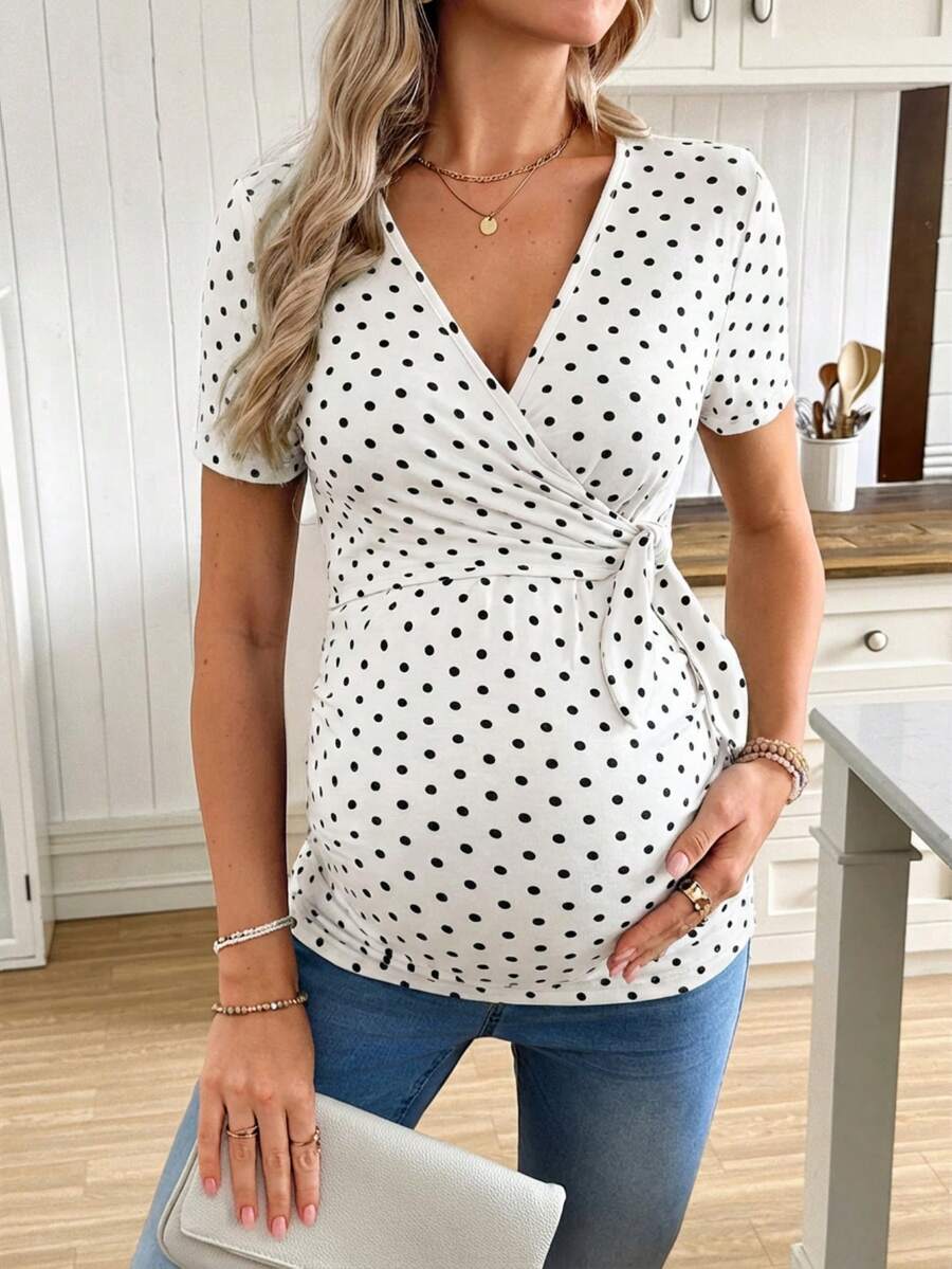 Casual Tie Front Polka Dot Maternity T-Shirt - Slim Fit V Neck Short Sleeve White Knitted Pregnancy Top for Home and Easter