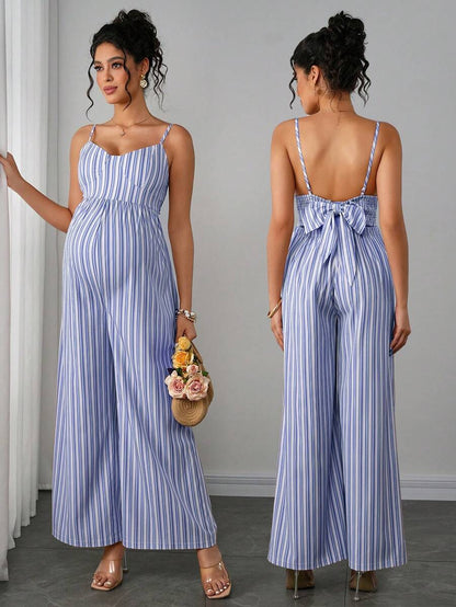 Maternity Striped Cami Jumpsuit - Spaghetti Strap, Wide Leg, Loose Fit, Cropped, Blue