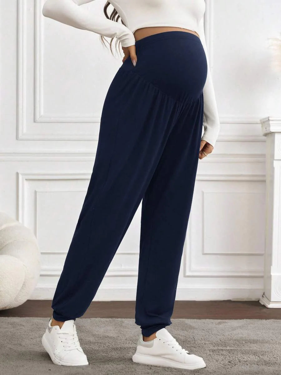 Black Pleated Maternity Harem Pants Loose Fit Elastic Waist Casual Knit Lounge Trousers for Pregnant Women Spring Fall