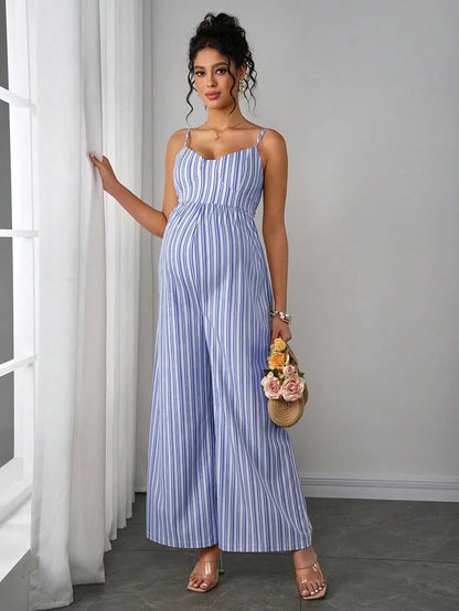 Maternity Striped Cami Jumpsuit - Spaghetti Strap, Wide Leg, Loose Fit, Cropped, Blue