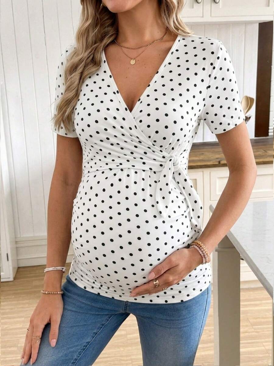 Casual Tie Front Polka Dot Maternity T-Shirt - Slim Fit V Neck Short Sleeve White Knitted Pregnancy Top for Home and Easter