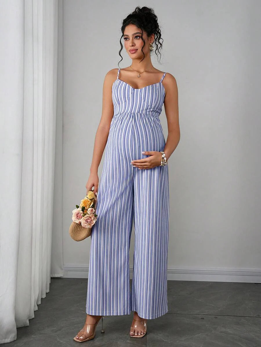 Maternity Striped Cami Jumpsuit - Spaghetti Strap, Wide Leg, Loose Fit, Cropped, Blue