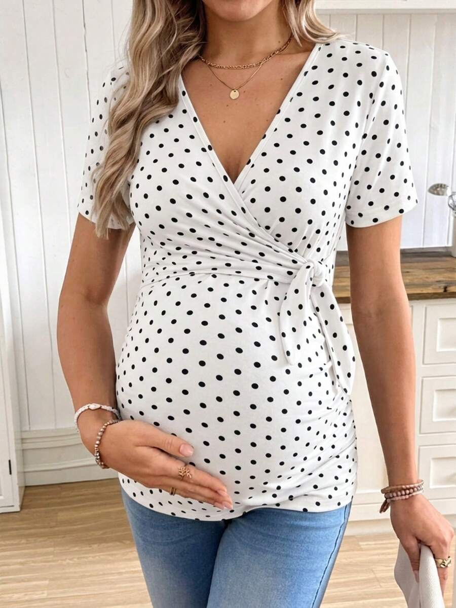 Casual Tie Front Polka Dot Maternity T-Shirt - Slim Fit V Neck Short Sleeve White Knitted Pregnancy Top for Home and Easter