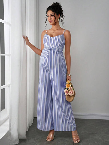 Maternity Striped Cami Jumpsuit - Spaghetti Strap, Wide Leg, Loose Fit, Cropped, Blue