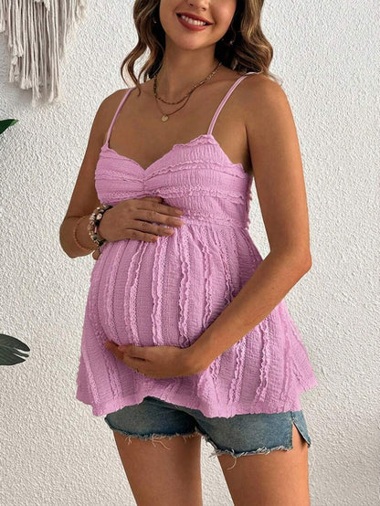 Pleated Lace Maternity Camisole - Apricot Slim Fit Ruched Spaghetti Strap Knitted Cami Top for Daily Wear