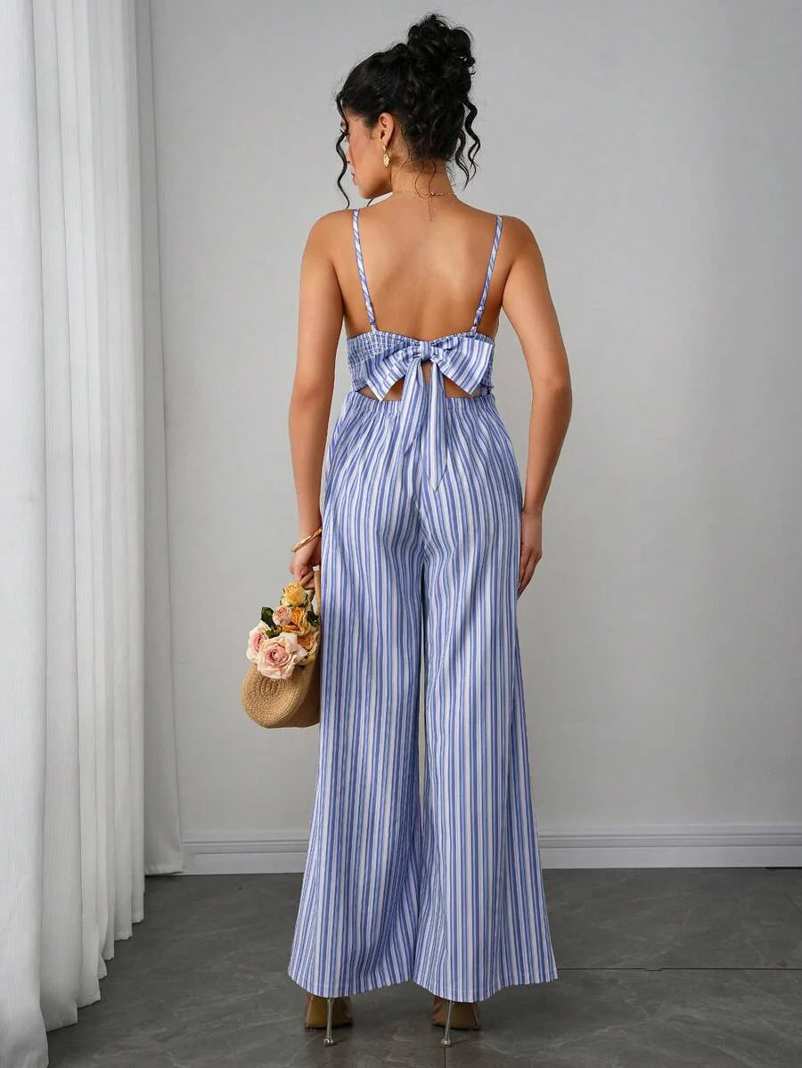 Maternity Striped Cami Jumpsuit - Spaghetti Strap, Wide Leg, Loose Fit, Cropped, Blue