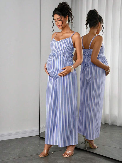 Maternity Striped Cami Jumpsuit - Spaghetti Strap, Wide Leg, Loose Fit, Cropped, Blue