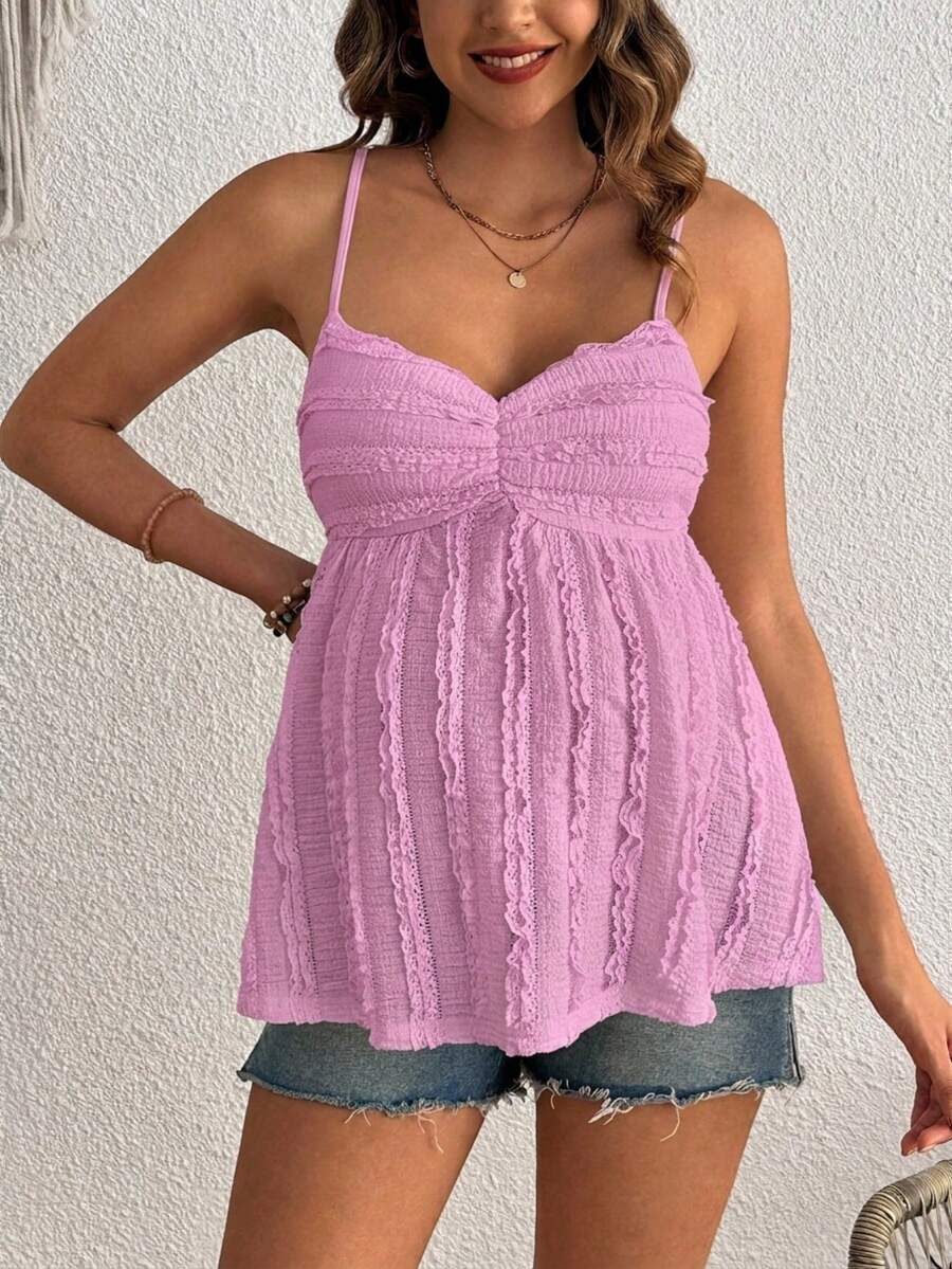 Pleated Lace Maternity Camisole - Apricot Slim Fit Ruched Spaghetti Strap Knitted Cami Top for Daily Wear