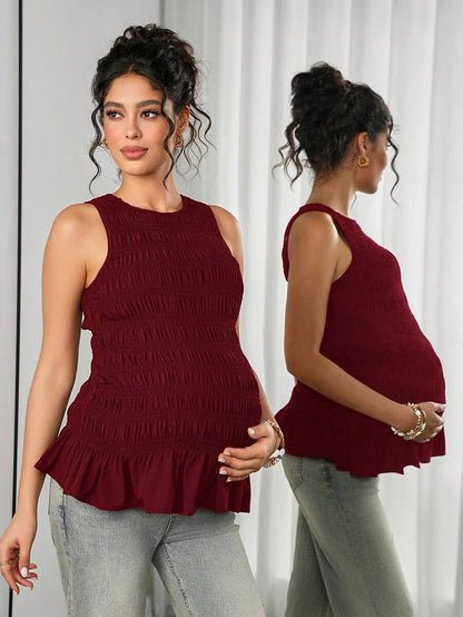Maternity Tank Camisole - Tank Vest Neck, Shirred, Flared Hem, Slim Fit, Pink