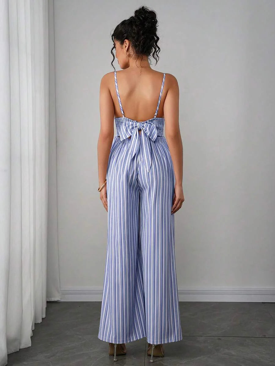 Maternity Striped Cami Jumpsuit - Spaghetti Strap, Wide Leg, Loose Fit, Cropped, Blue