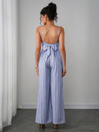Maternity Striped Cami Jumpsuit - Spaghetti Strap, Wide Leg, Loose Fit, Cropped, Blue