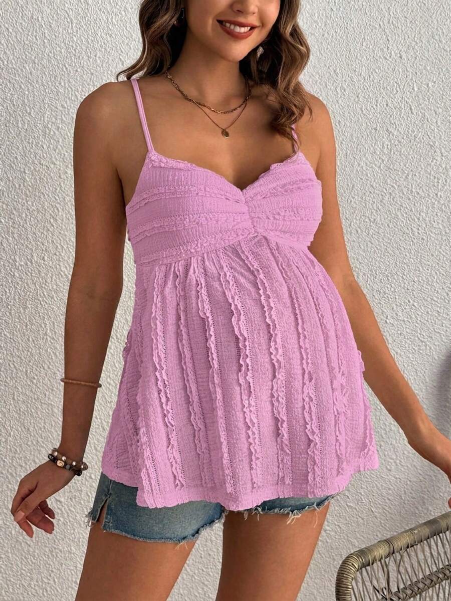 Pleated Lace Maternity Camisole - Apricot Slim Fit Ruched Spaghetti Strap Knitted Cami Top for Daily Wear