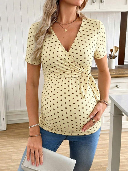 Casual Tie Front Polka Dot Maternity T-Shirt - Slim Fit V Neck Short Sleeve White Knitted Pregnancy Top for Home and Easter