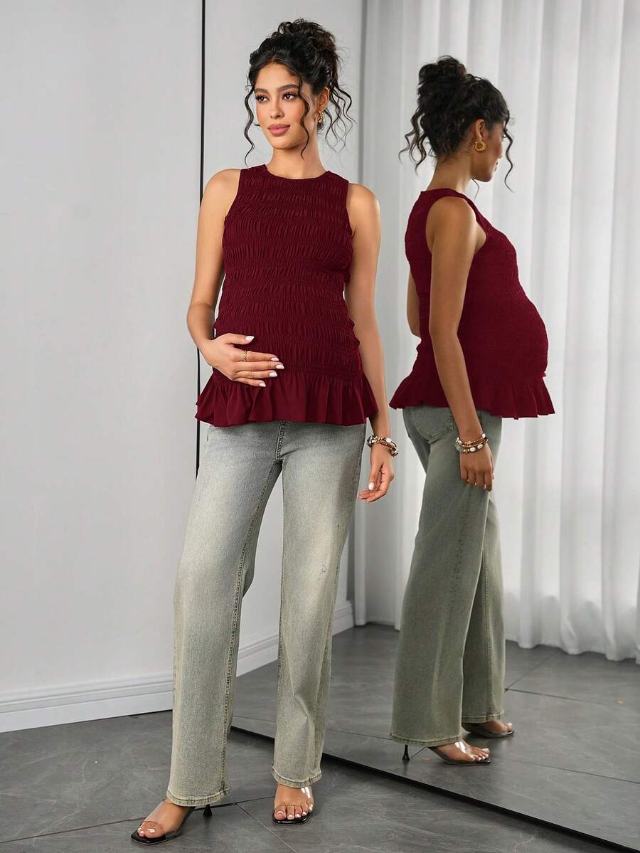 Maternity Tank Camisole - Tank Vest Neck, Shirred, Flared Hem, Slim Fit, Pink