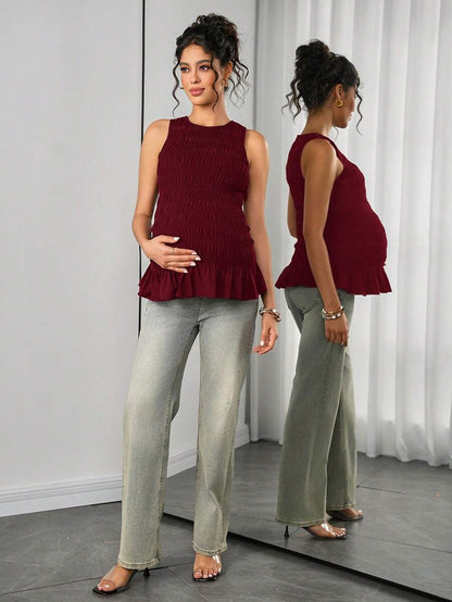 Maternity Tank Camisole - Tank Vest Neck, Shirred, Flared Hem, Slim Fit, Pink