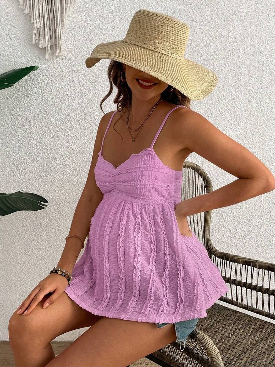 Pleated Lace Maternity Camisole - Apricot Slim Fit Ruched Spaghetti Strap Knitted Cami Top for Daily Wear