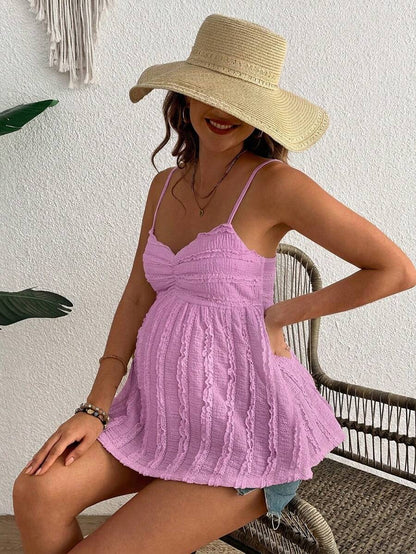 Pleated Lace Maternity Camisole - Apricot Slim Fit Ruched Spaghetti Strap Knitted Cami Top for Daily Wear