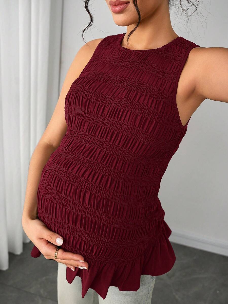 Maternity Tank Camisole - Tank Vest Neck, Shirred, Flared Hem, Slim Fit, Pink