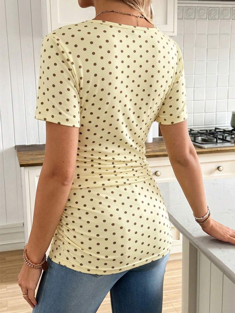 Casual Tie Front Polka Dot Maternity T-Shirt - Slim Fit V Neck Short Sleeve White Knitted Pregnancy Top for Home and Easter