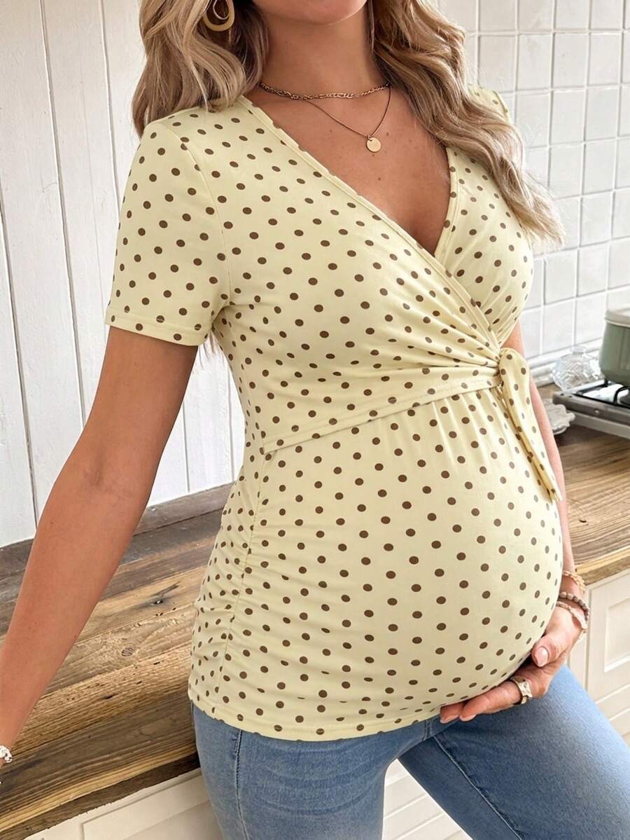 Casual Tie Front Polka Dot Maternity T-Shirt - Slim Fit V Neck Short Sleeve White Knitted Pregnancy Top for Home and Easter