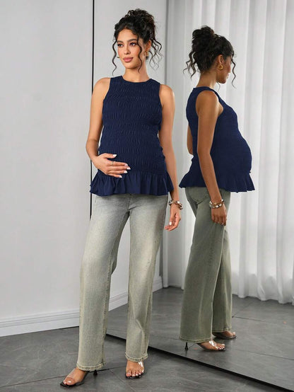 Maternity Tank Camisole - Tank Vest Neck, Shirred, Flared Hem, Slim Fit, Pink