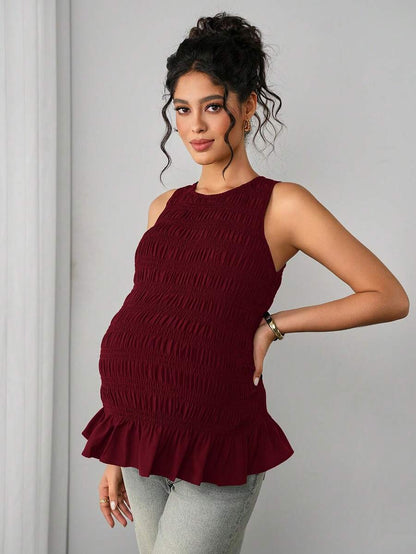 Maternity Tank Camisole - Tank Vest Neck, Shirred, Flared Hem, Slim Fit, Pink